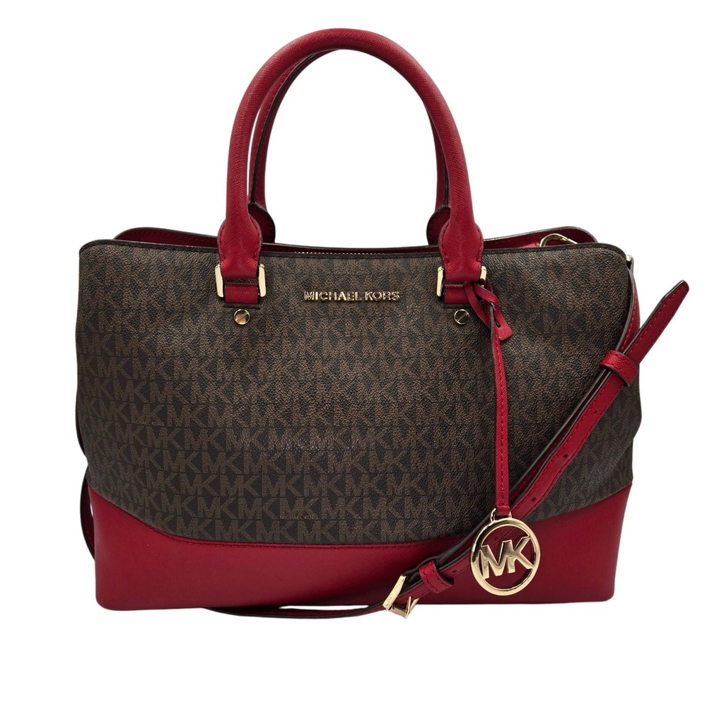 Michael‎ Kors Signature Logo Satchel Handbag Red Leather Trim Gold Hardware